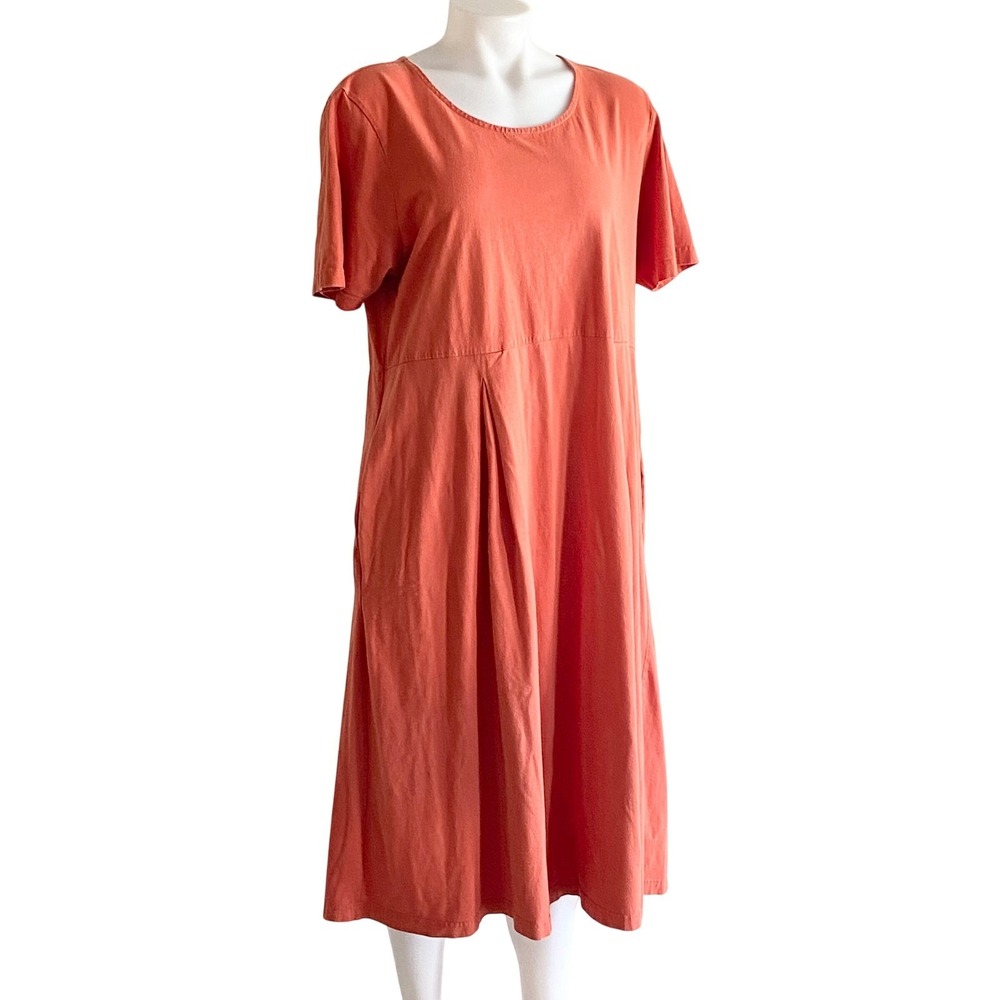 The Paragon Womens XL Burnt Orange Cotton Knit Pleated Midi Pocket Dress Vintage